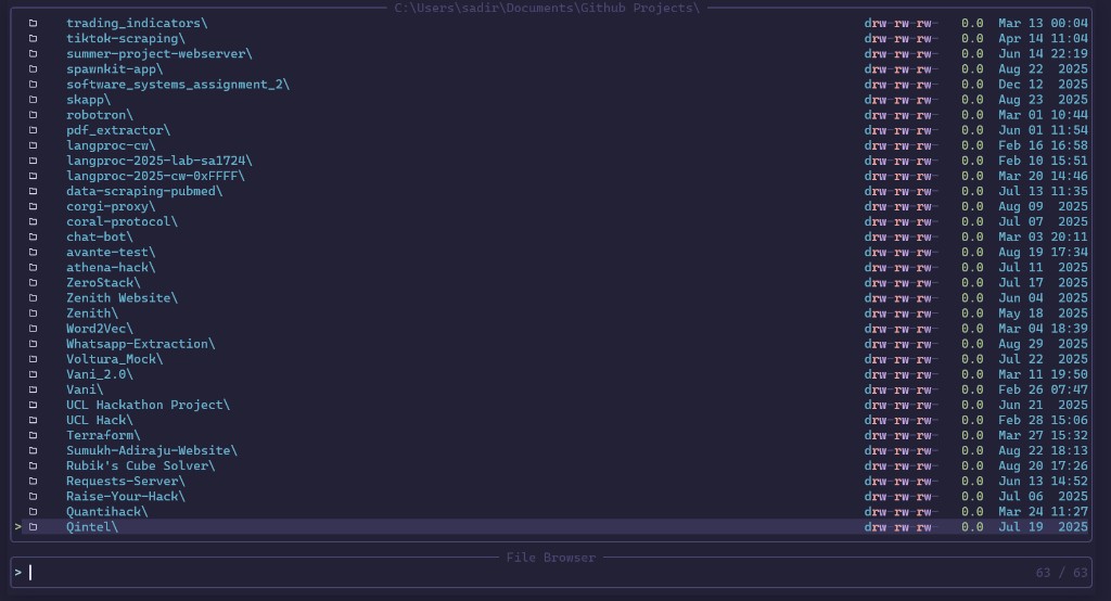 In-editor filesystem browser over any folder or repo. Jump to a folder and lock it as the project root.