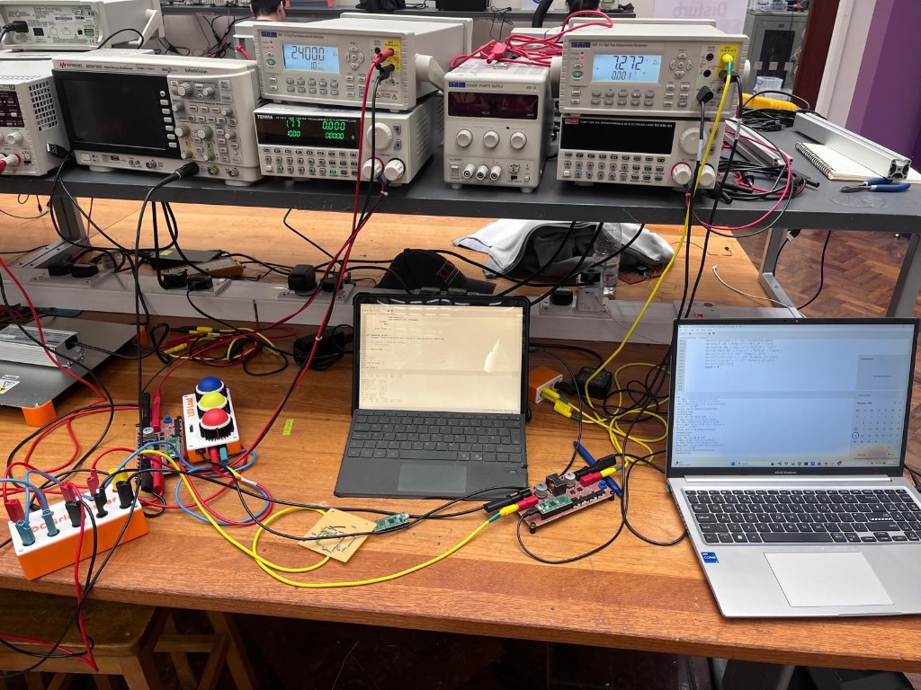 Hardware-in-the-loop testbed the policy was deployed on. PV, supercapacitor, grid emulator, and LED load on a shared 10 V bus.